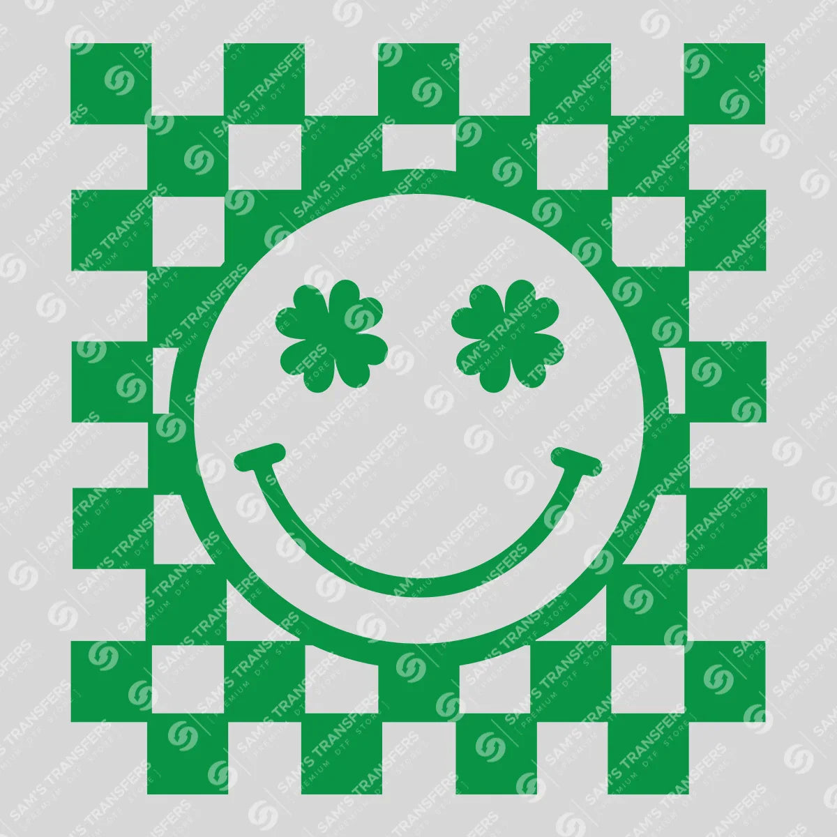 Apparel featuring a Checkered Smiley Clover Eyes-themed DTF transfer.