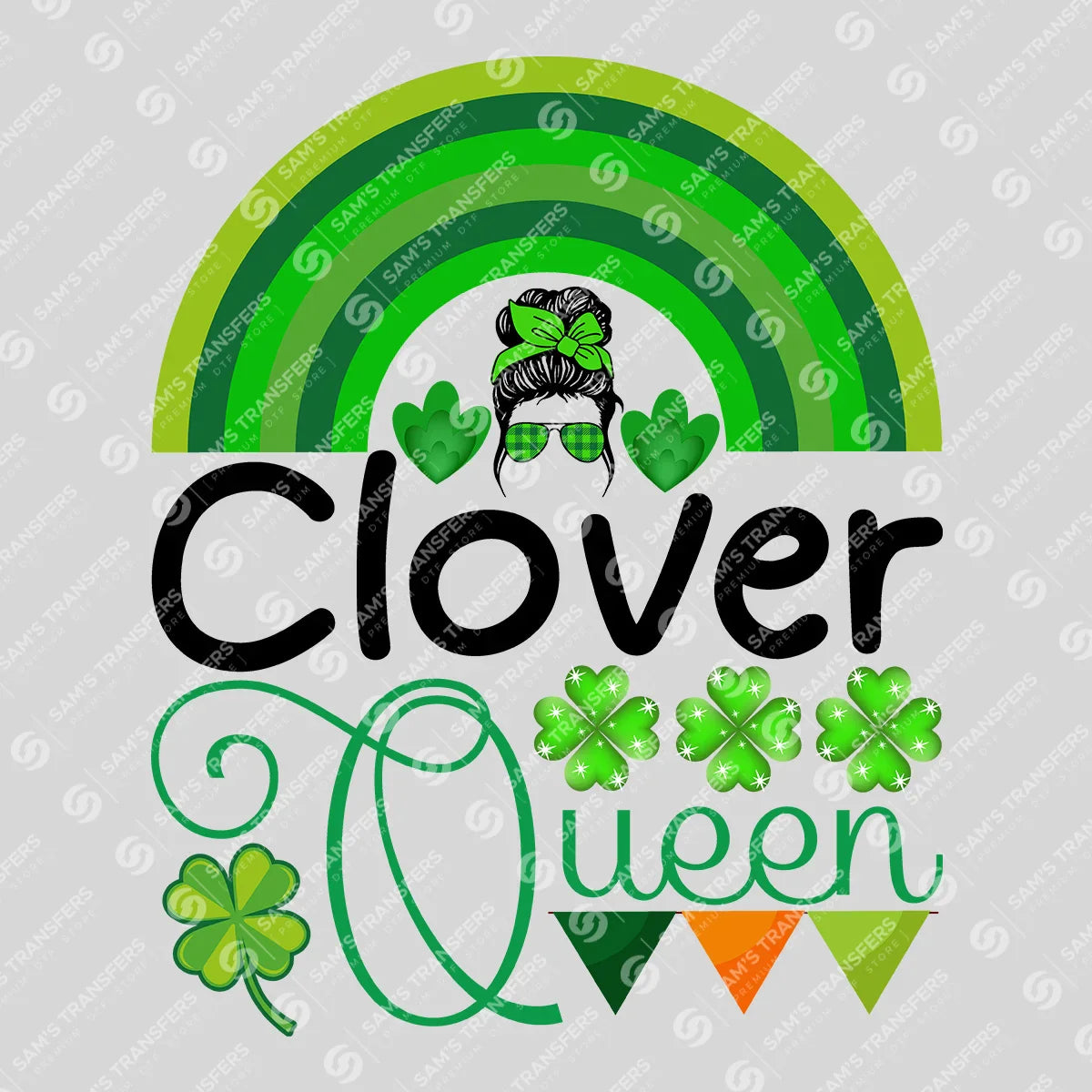 Apparel featuring a Clover Queen Rainbow-themed DTF transfer.