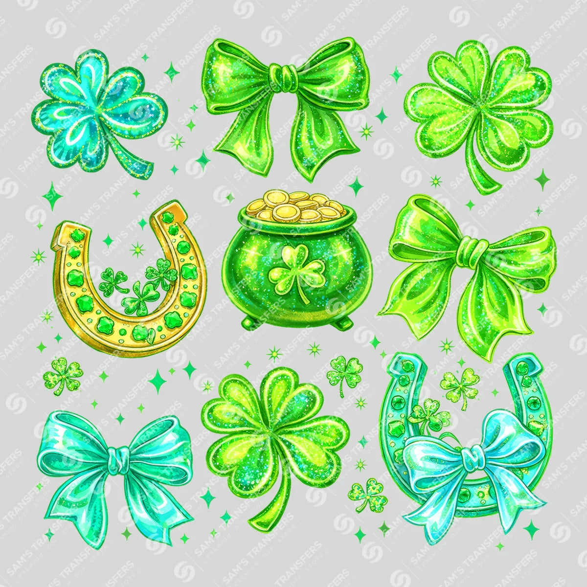 Apparel featuring a Shamrock Bows And Horseshoe-themed DTF transfer.