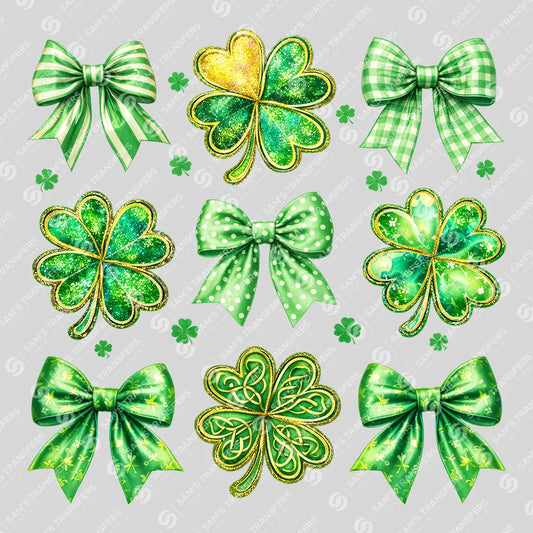 Apparel featuring a Shamrock Bows-themed DTF transfer.