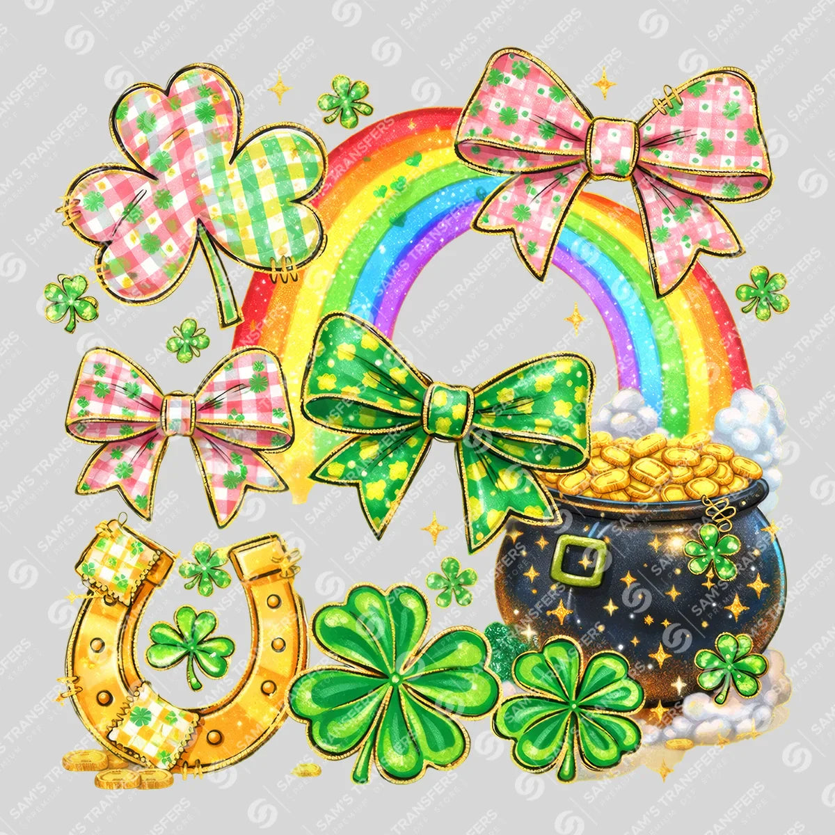 Apparel featuring a Rainbow Bows Pot Of Gold-themed DTF transfer.
