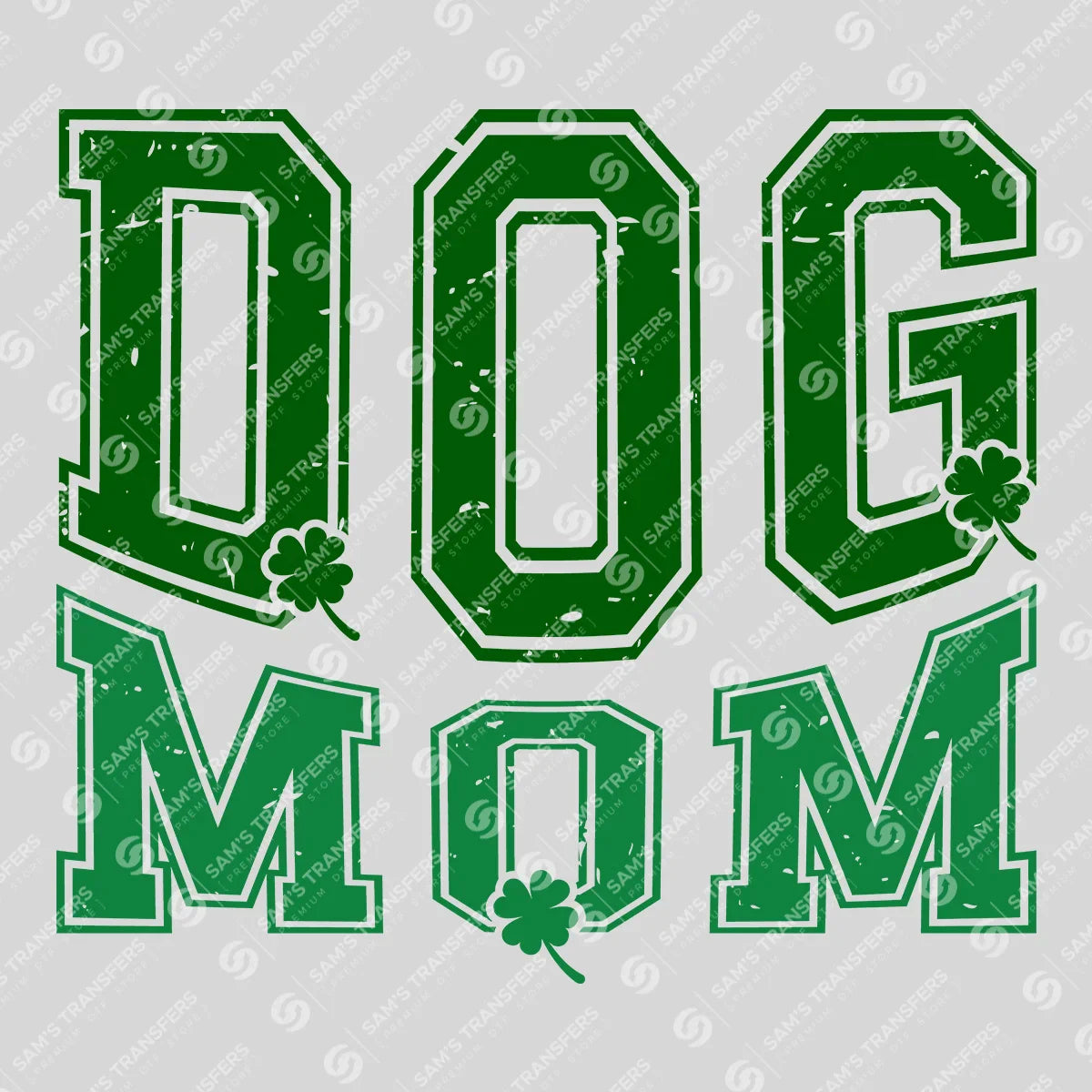 Apparel featuring a Dog Mom Clover Varsity-themed DTF transfer.