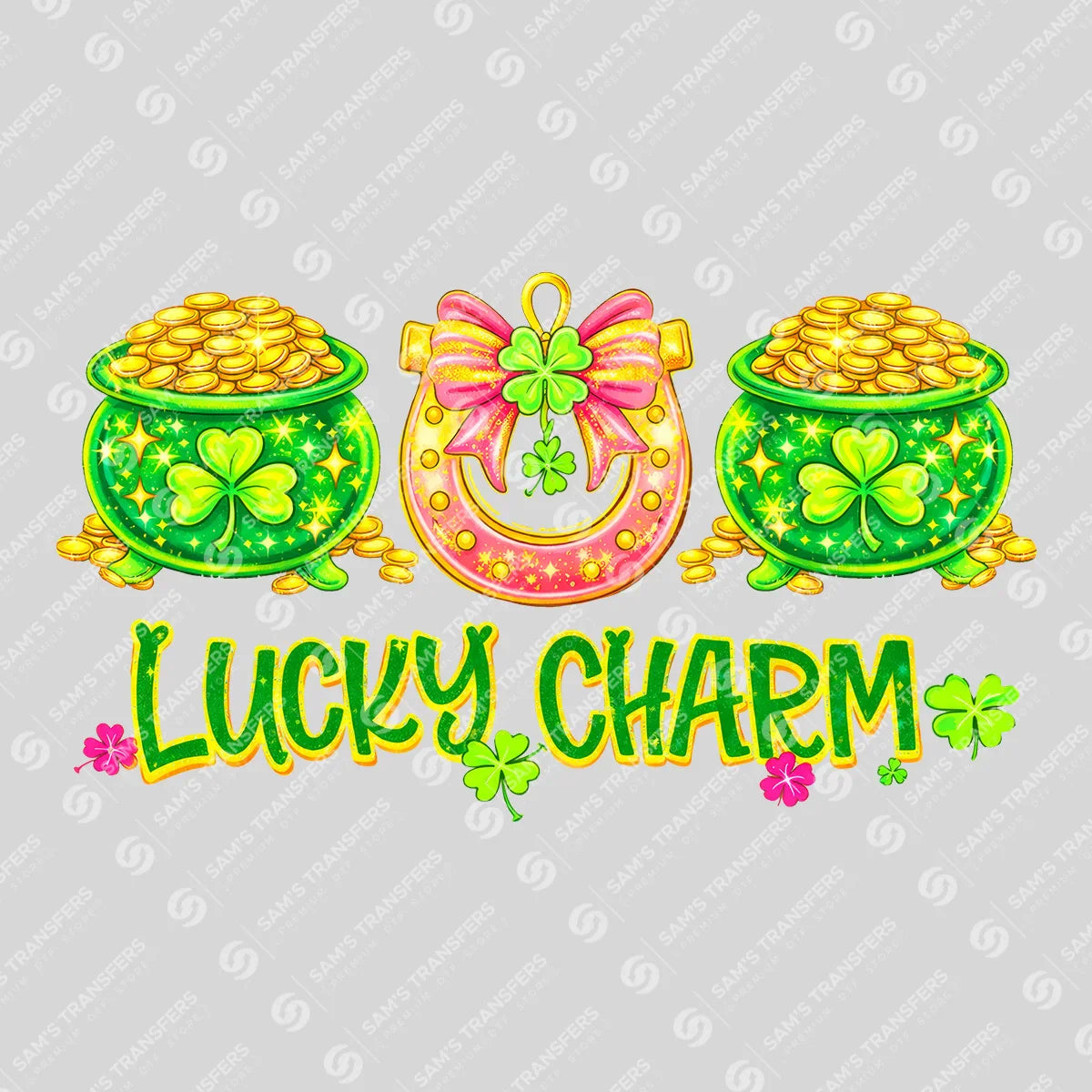 Apparel featuring a Lucky Charm Pots Of Gold-themed DTF transfer.