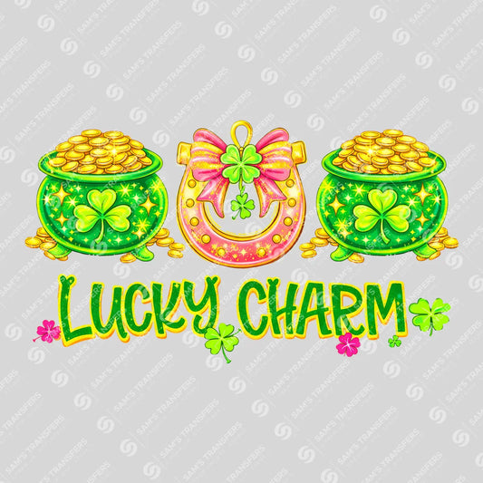 Apparel featuring a Lucky Charm Pots Of Gold-themed DTF transfer.