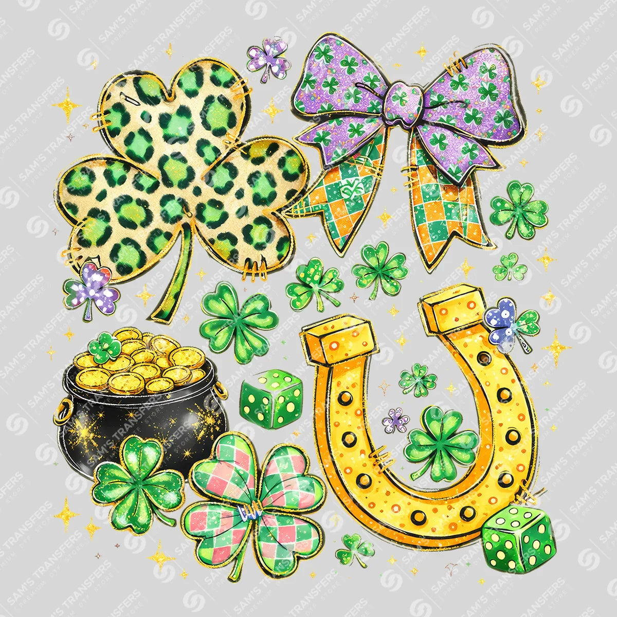 Apparel featuring a Shamrock Leopard Horseshoe-themed DTF transfer.