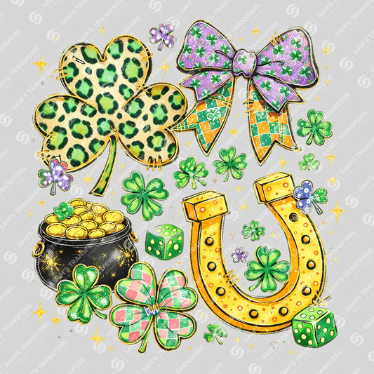 Apparel featuring a Shamrock Leopard Horseshoe-themed DTF transfer.