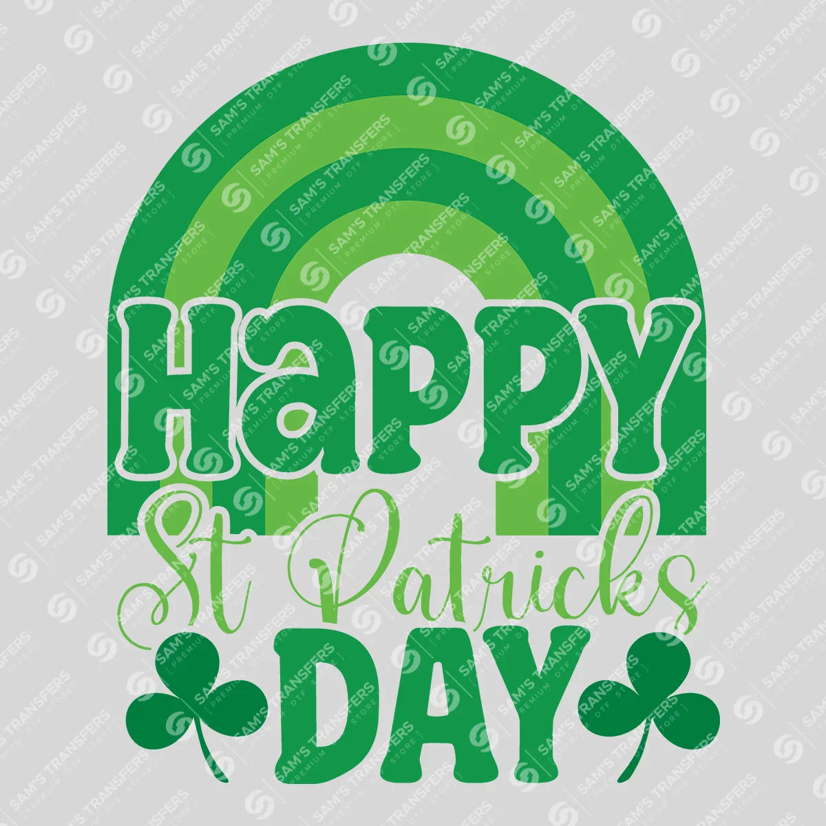 Apparel featuring a Happy St Patrick's Day Rainbow-themed DTF transfer.