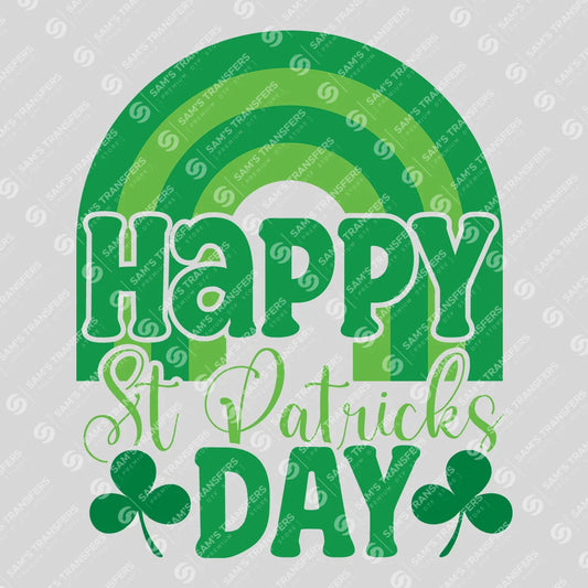 Apparel featuring a Happy St Patrick's Day Rainbow-themed DTF transfer.