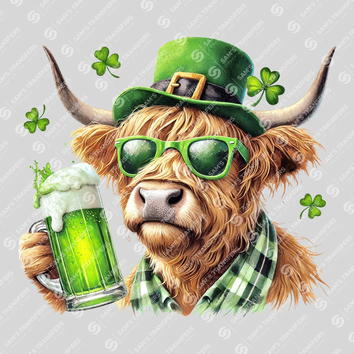 Apparel featuring a Highland Cow St Patrick's Beer-themed DTF transfer.