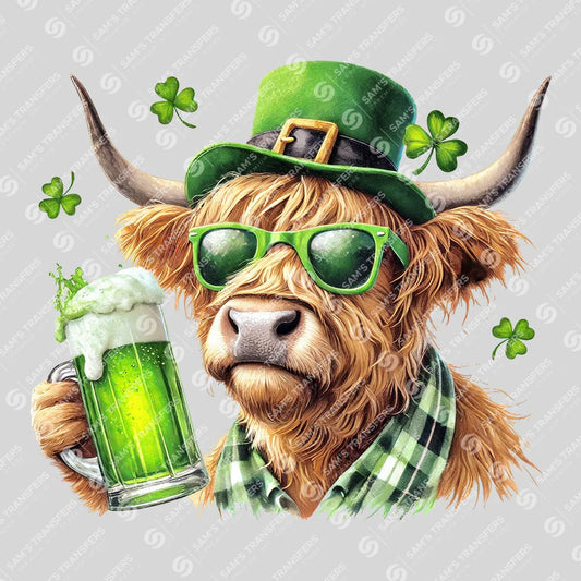 Apparel featuring a Highland Cow St Patrick's Beer-themed DTF transfer.
