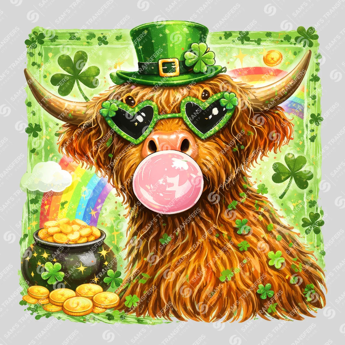 Apparel featuring a Highland Cow St Patrick's Bubblegum-themed DTF transfer.