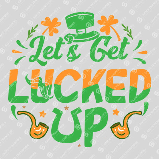 Apparel featuring a Let's Get Lucked Up Irish Flag-themed DTF transfer.