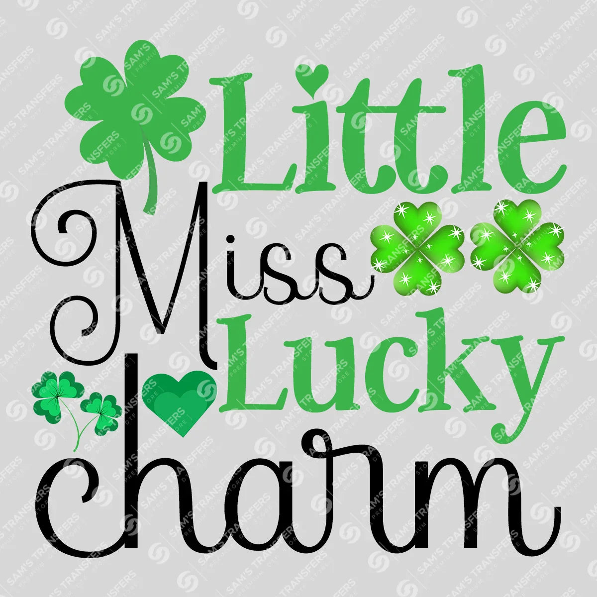 Apparel featuring a Little Miss Lucky Charm Sparkle Clover-themed DTF transfer.