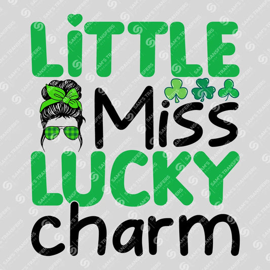 Apparel featuring a Little Miss Lucky Charm Messy Bun-themed DTF transfer.