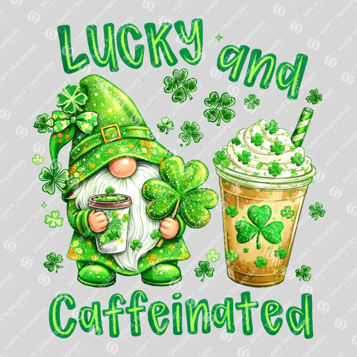 Apparel featuring a Lucky And Caffeinated Gnome-themed DTF transfer.