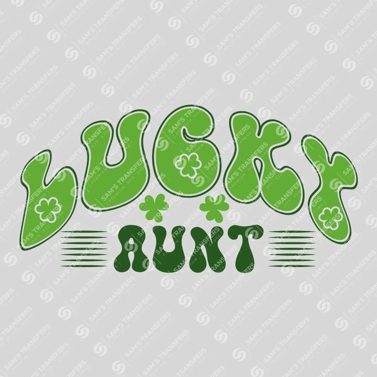 Apparel featuring a Lucky Aunt Groovy-themed DTF transfer.