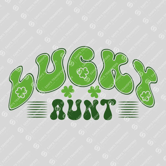 Apparel featuring a Lucky Aunt Groovy-themed DTF transfer.
