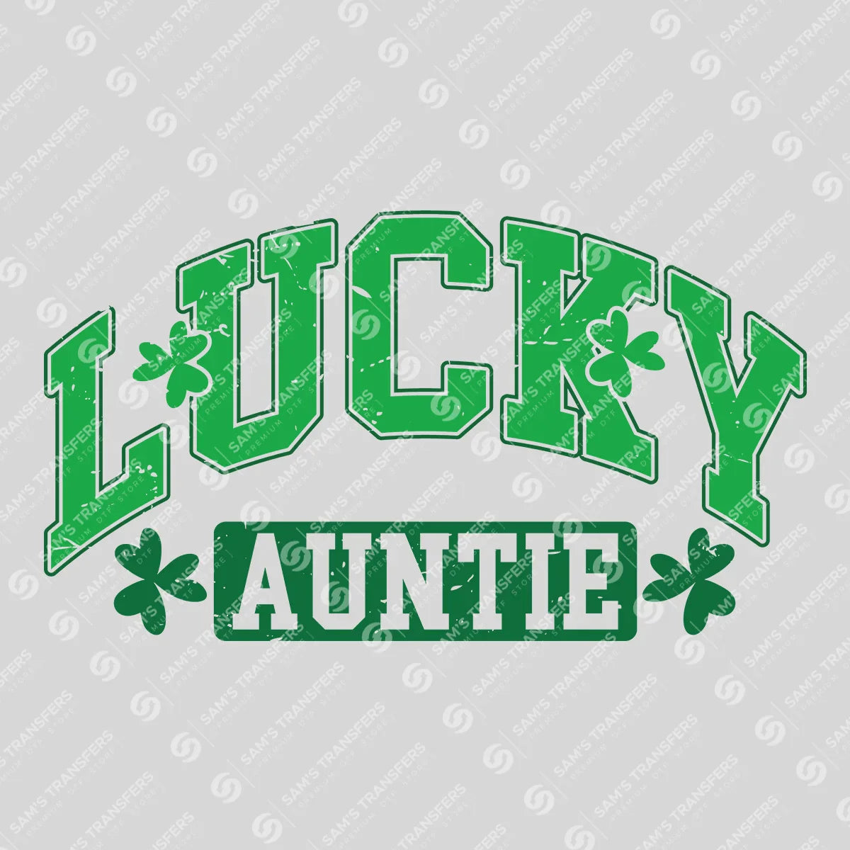 Apparel featuring a Lucky Auntie Varsity-themed DTF transfer.