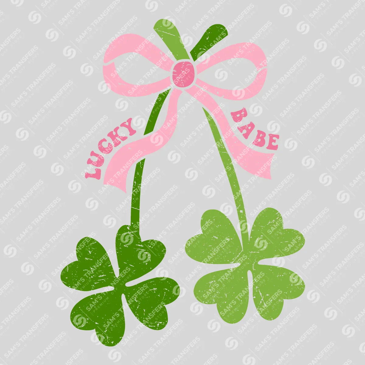 Apparel featuring a Lucky Babe Bow Clovers-themed DTF transfer.