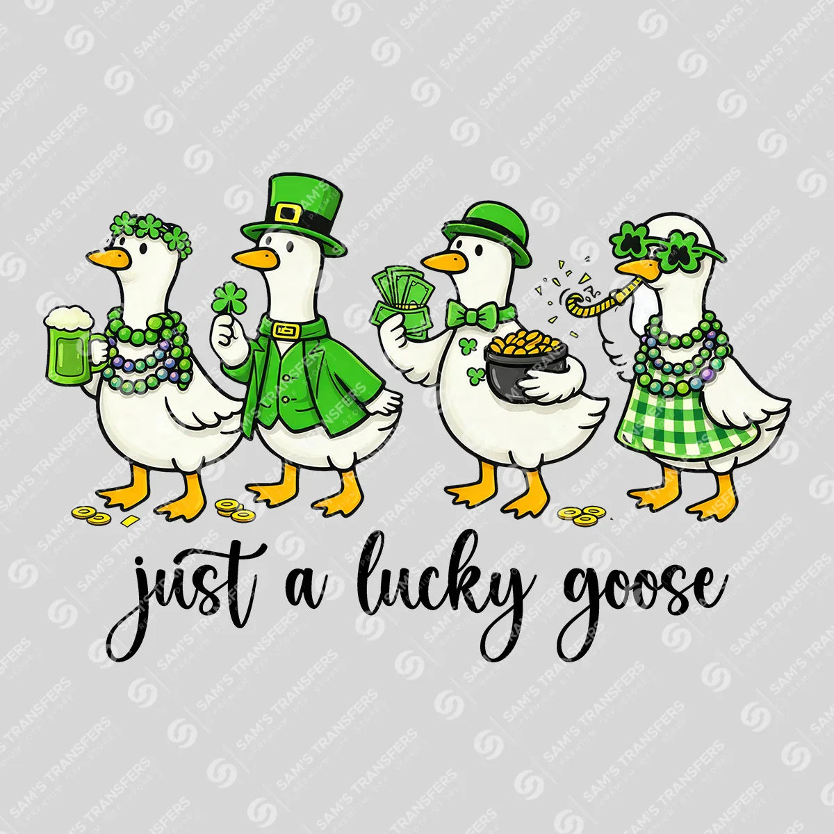 Apparel featuring a Just A Lucky Goose Quad-themed DTF transfer.