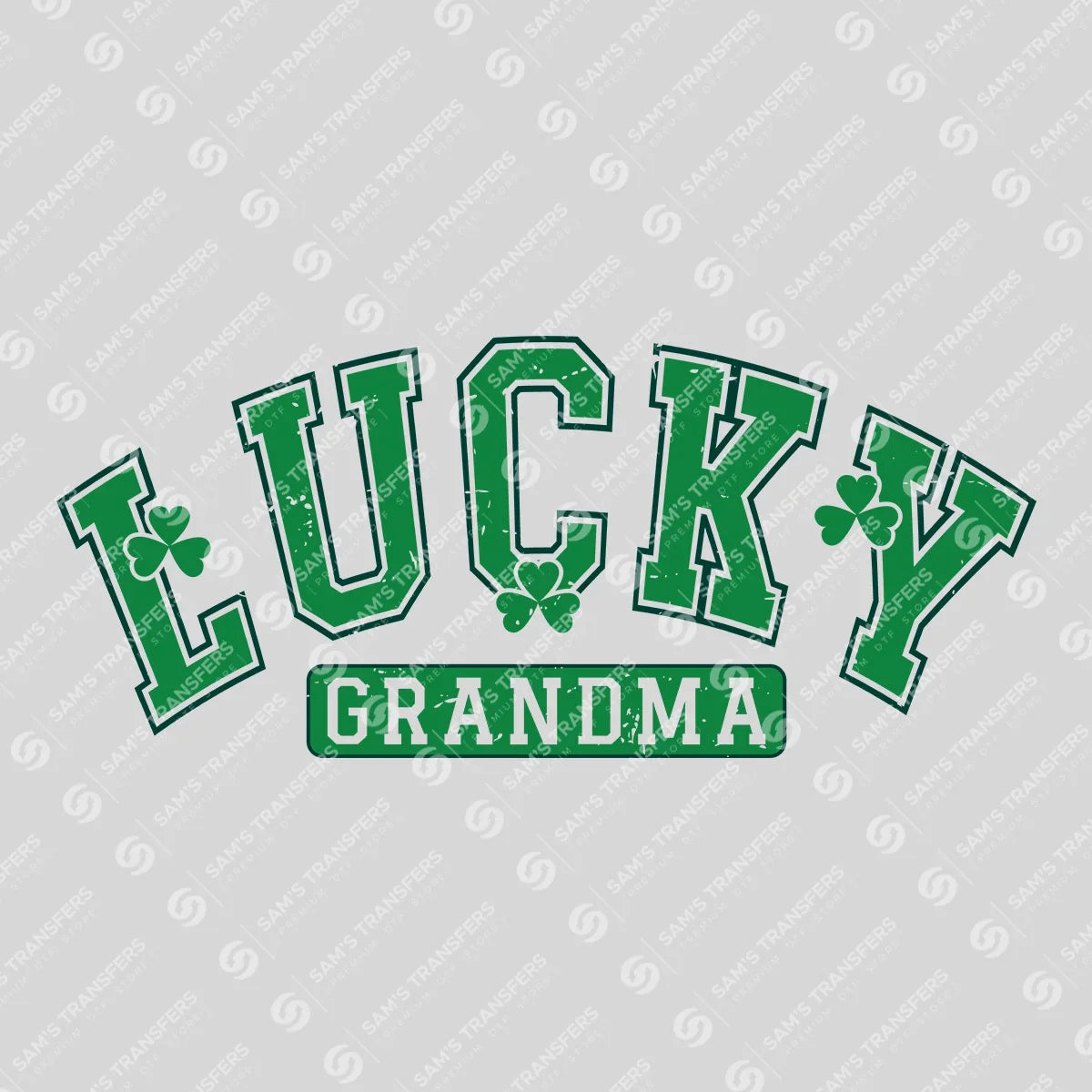 Apparel featuring a Lucky Grandma Varsity-themed DTF transfer.