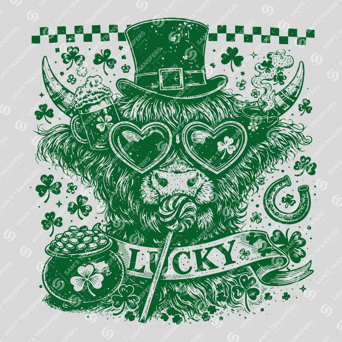 Apparel featuring a Lucky Highland Cow Engraving-themed DTF transfer.