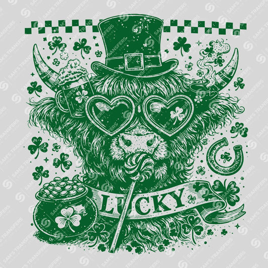 Apparel featuring a Lucky Highland Cow Engraving-themed DTF transfer.