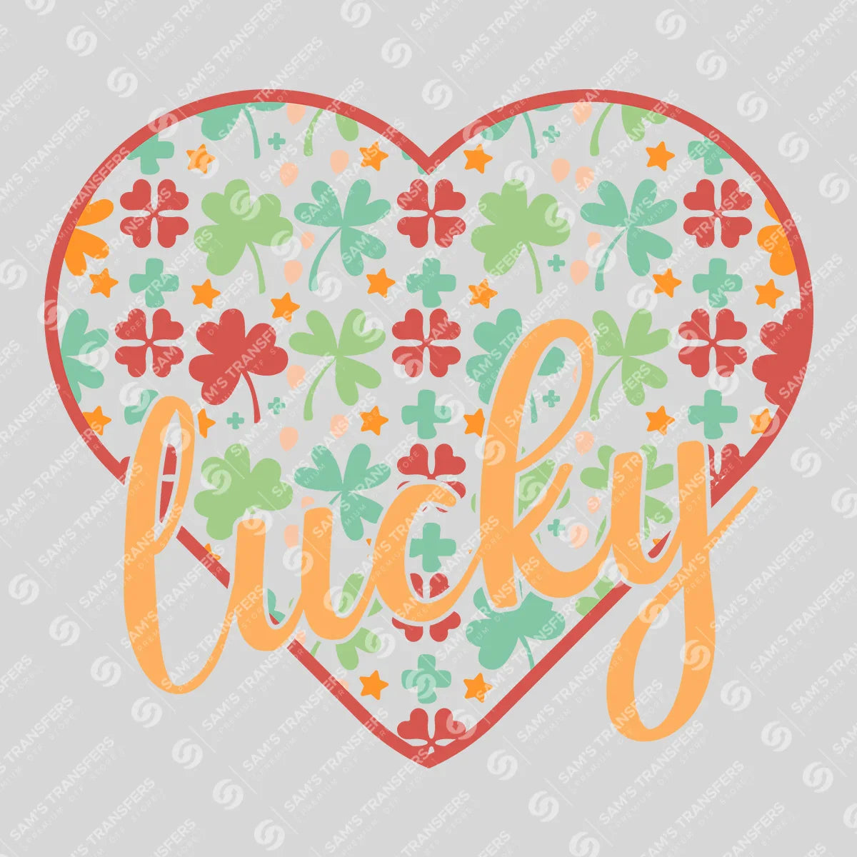 Apparel featuring a Lucky Clover Heart-themed DTF transfer.