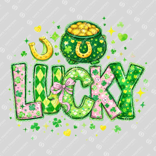 Apparel featuring a Lucky Pot Of Gold Doodle-themed DTF transfer.