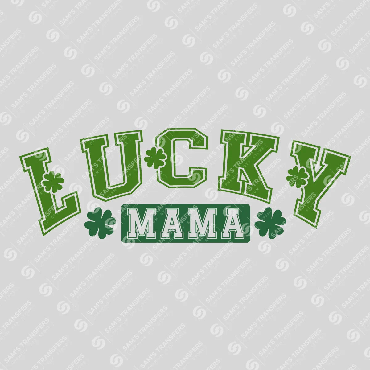 Apparel featuring a Lucky Mama Varsity-themed DTF transfer.