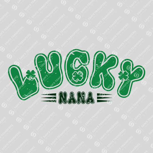 Apparel featuring a Lucky Nana Distressed-themed DTF transfer.