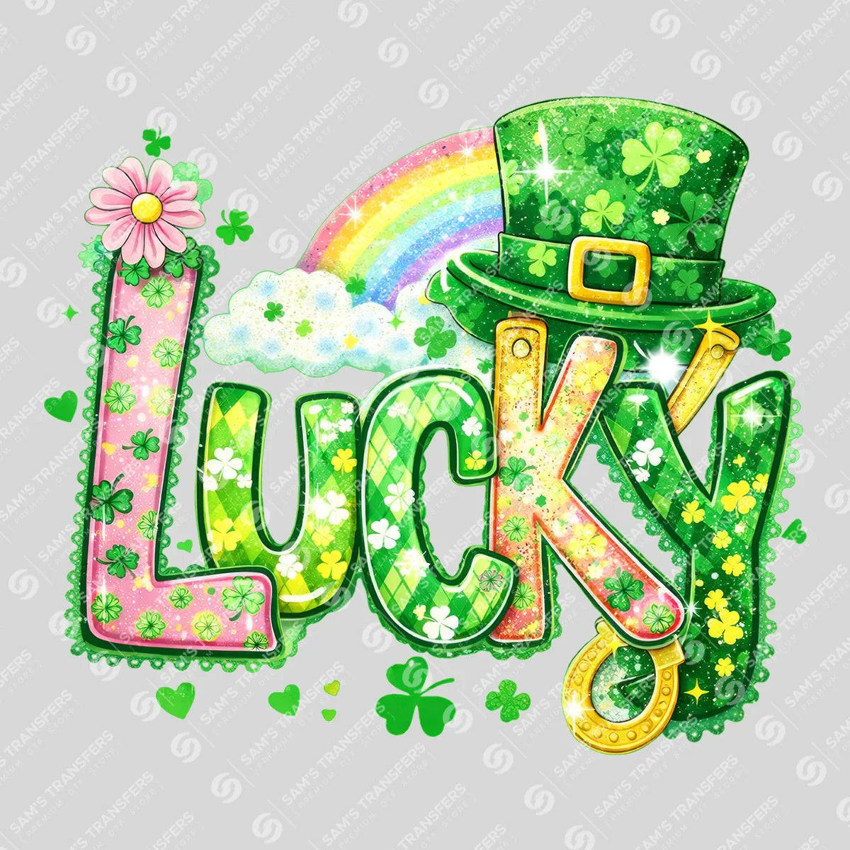 Apparel featuring a Lucky Leprechaun Hat Glitter-themed DTF transfer.