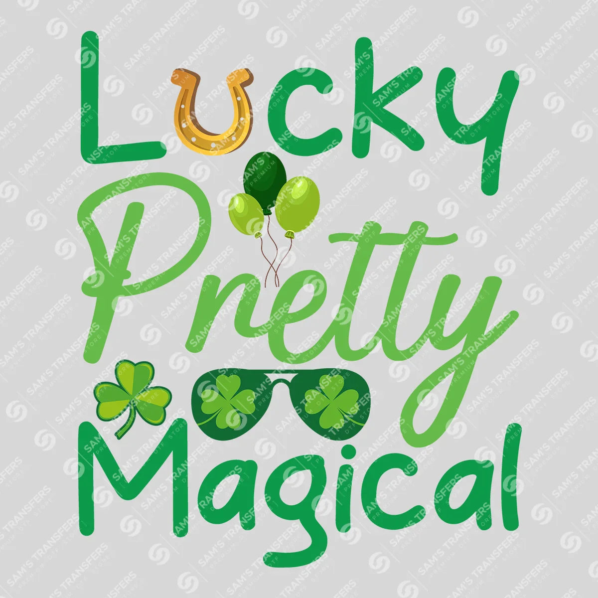 Apparel featuring a Lucky Pretty Magical Green-themed DTF transfer.