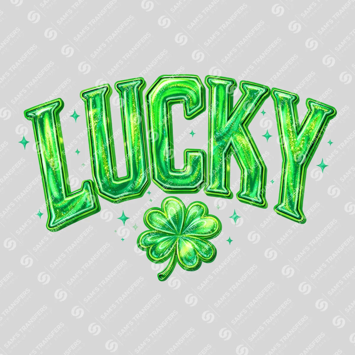 Apparel featuring a Lucky Green Glitter Clover-themed DTF transfer.