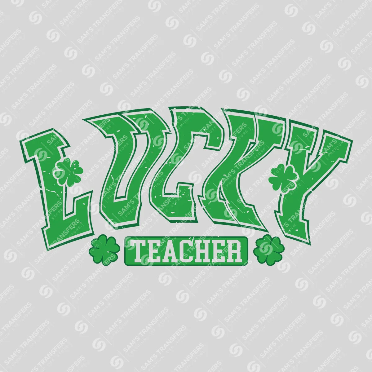 Apparel featuring a Lucky Teacher Varsity-themed DTF transfer.