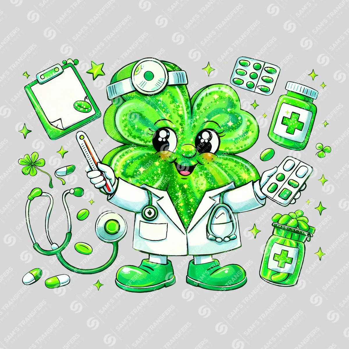 Apparel featuring a Lucky Nurse Clover Character-themed DTF transfer.