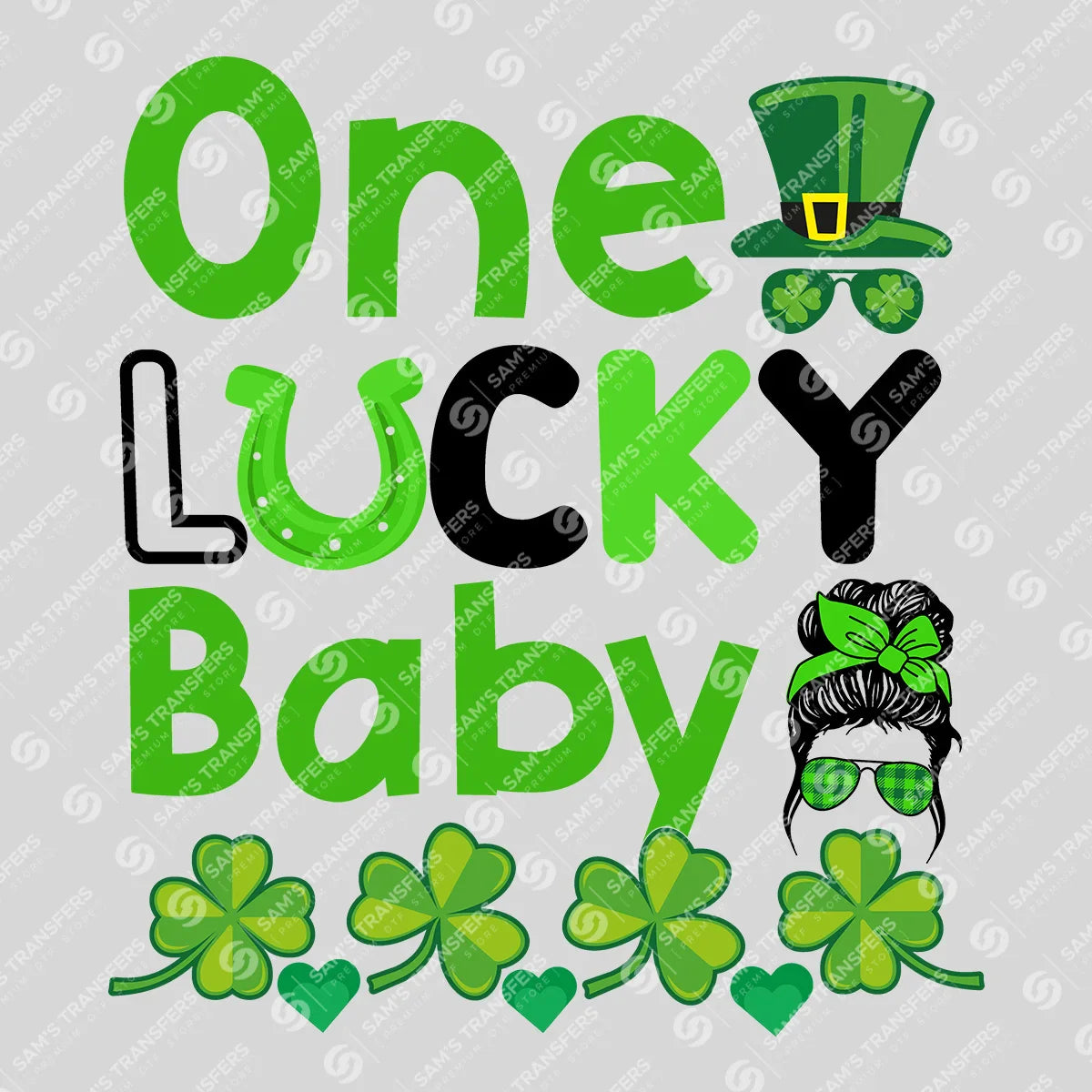 Apparel featuring a One Lucky Baby Top Hat-themed DTF transfer.