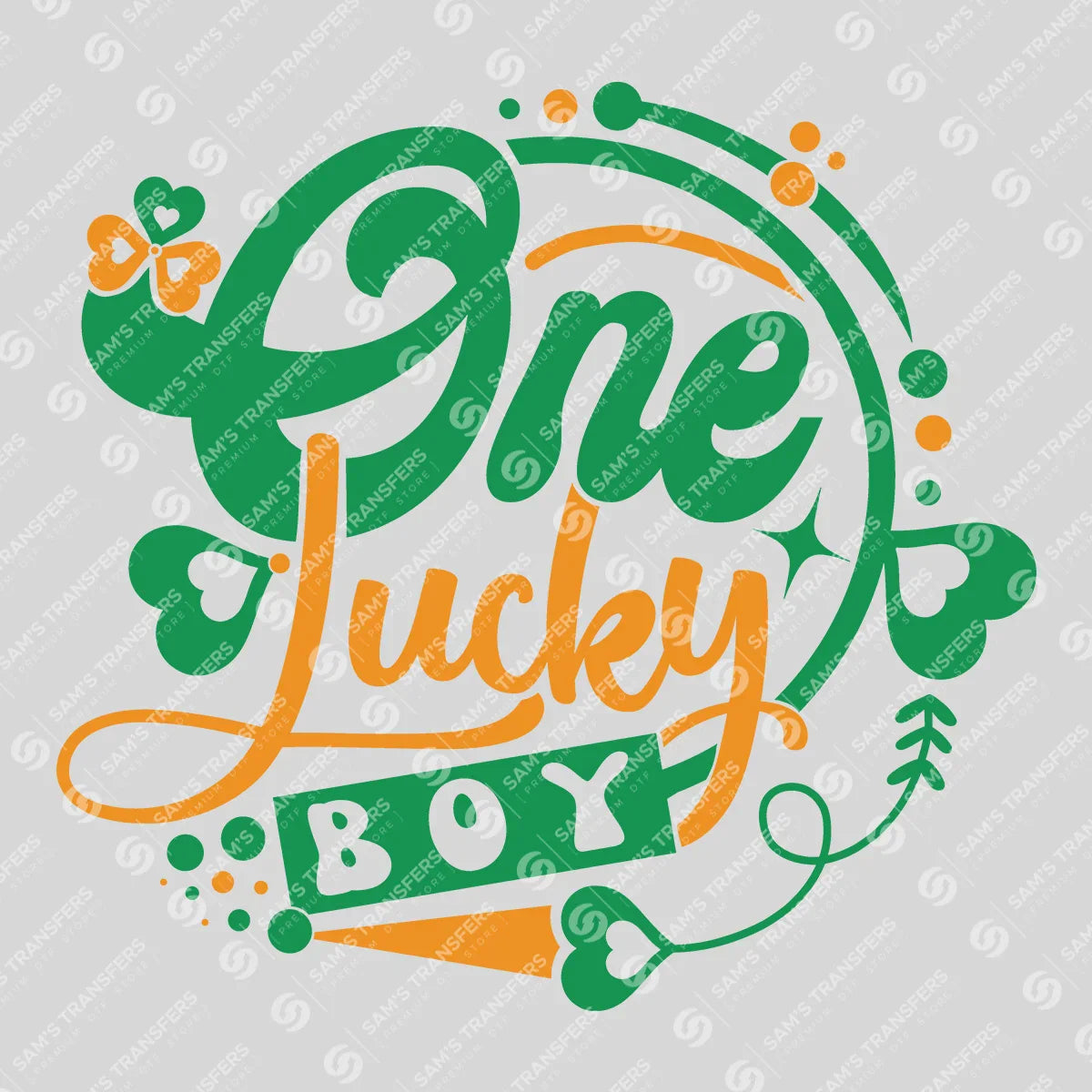 Apparel featuring a One Lucky Boy Script-themed DTF transfer.