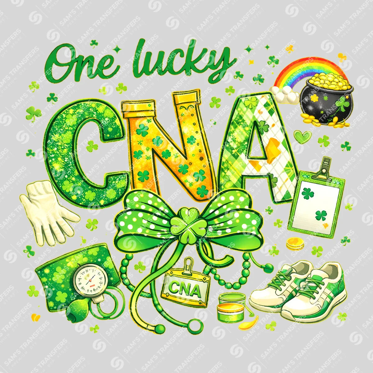 Apparel featuring a One Lucky CNA Glitter-themed DTF transfer.