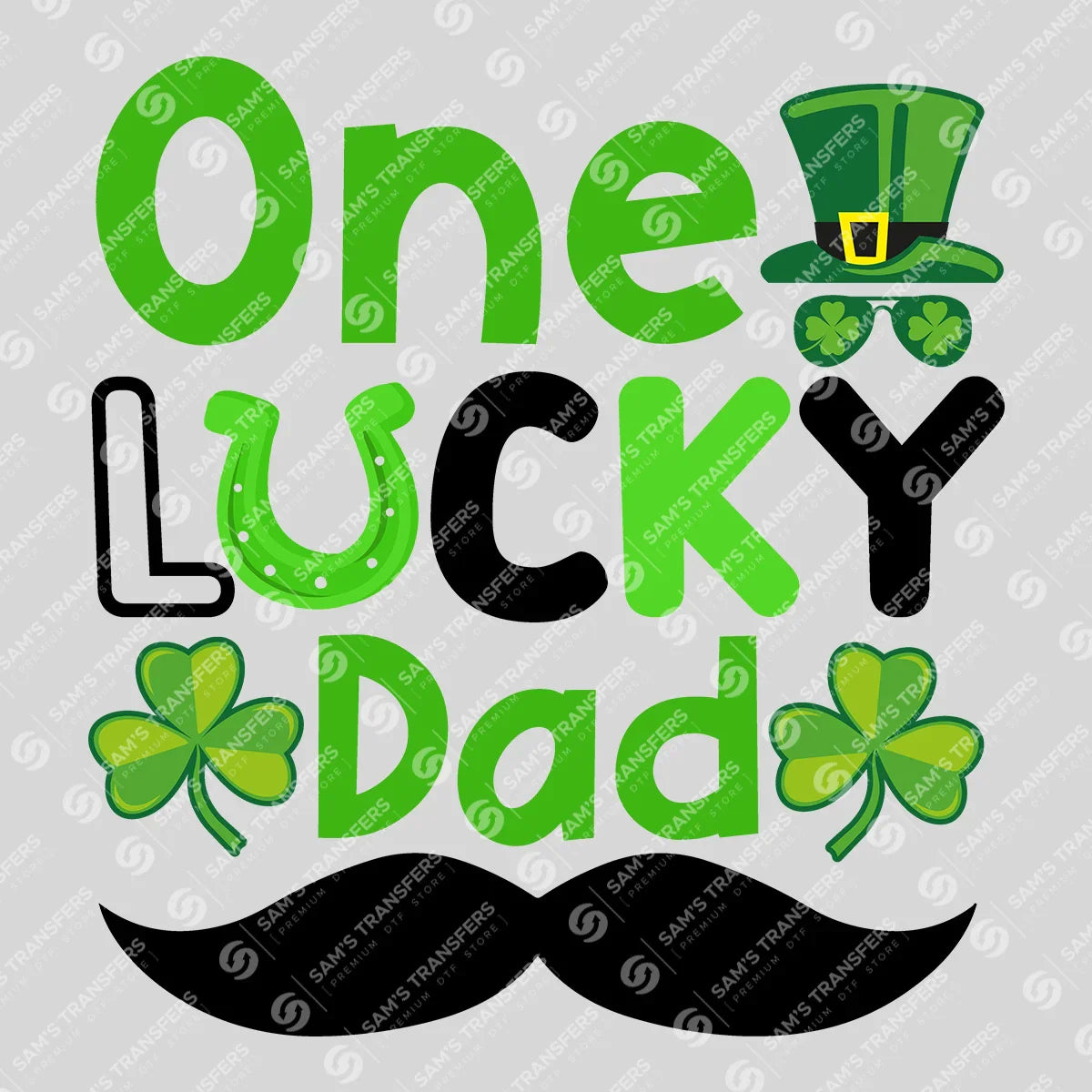 Apparel featuring a One Lucky Dad Mustache-themed DTF transfer.