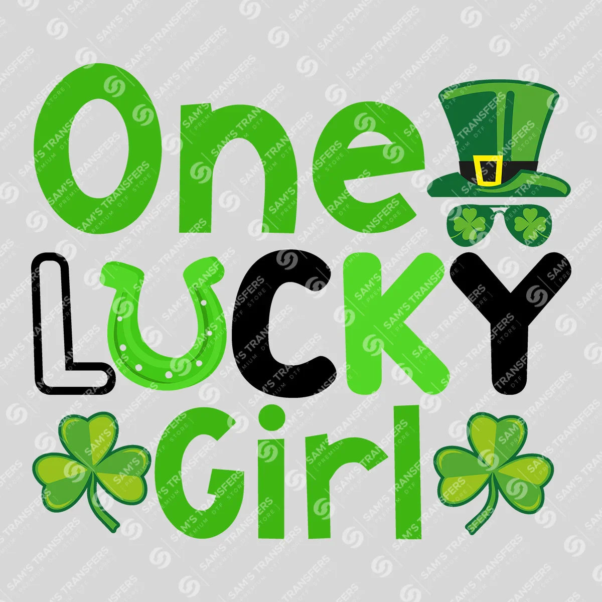 Apparel featuring a One Lucky Girl Top Hat-themed DTF transfer.