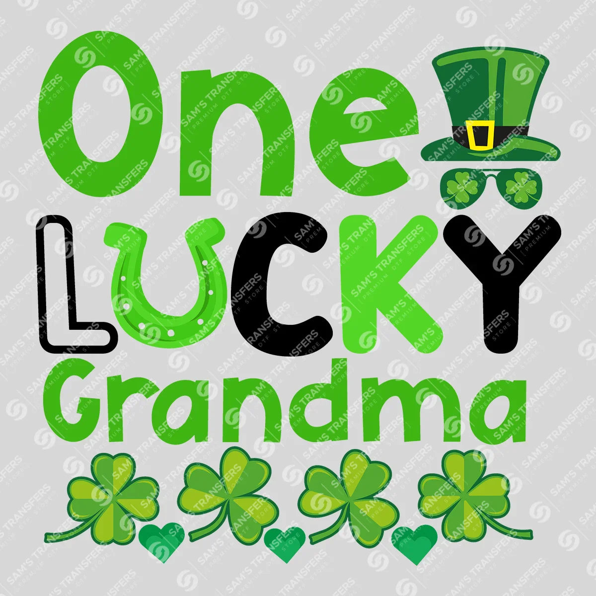 Apparel featuring a One Lucky Grandma Top Hat-themed DTF transfer.