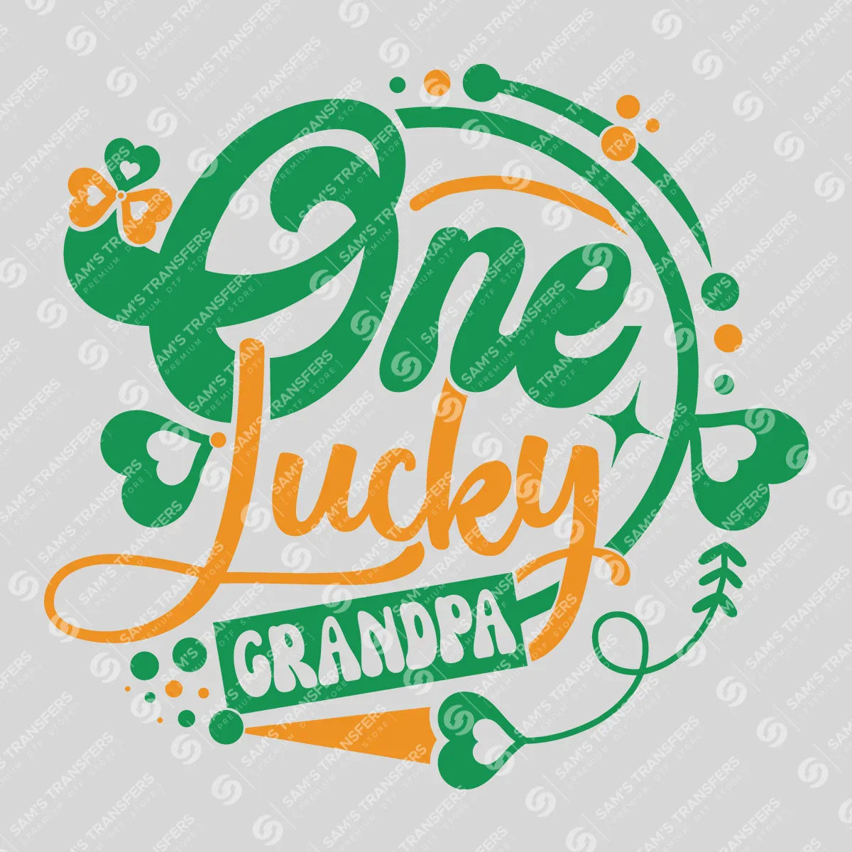 Apparel featuring a One Lucky Grandpa Script-themed DTF transfer.