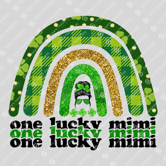 Apparel featuring a One Lucky Mimi Rainbow-themed DTF transfer.