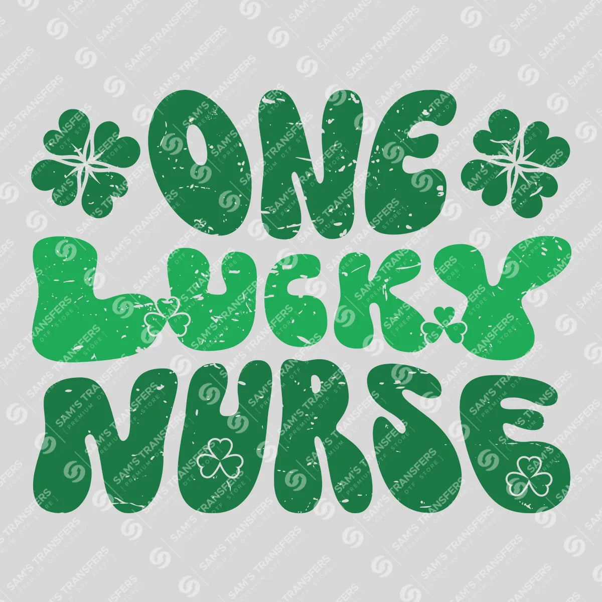 Apparel featuring a One Lucky Nurse Groovy-themed DTF transfer.