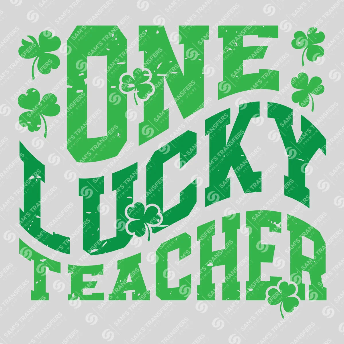 Apparel featuring a One Lucky Teacher Varsity-themed DTF transfer.