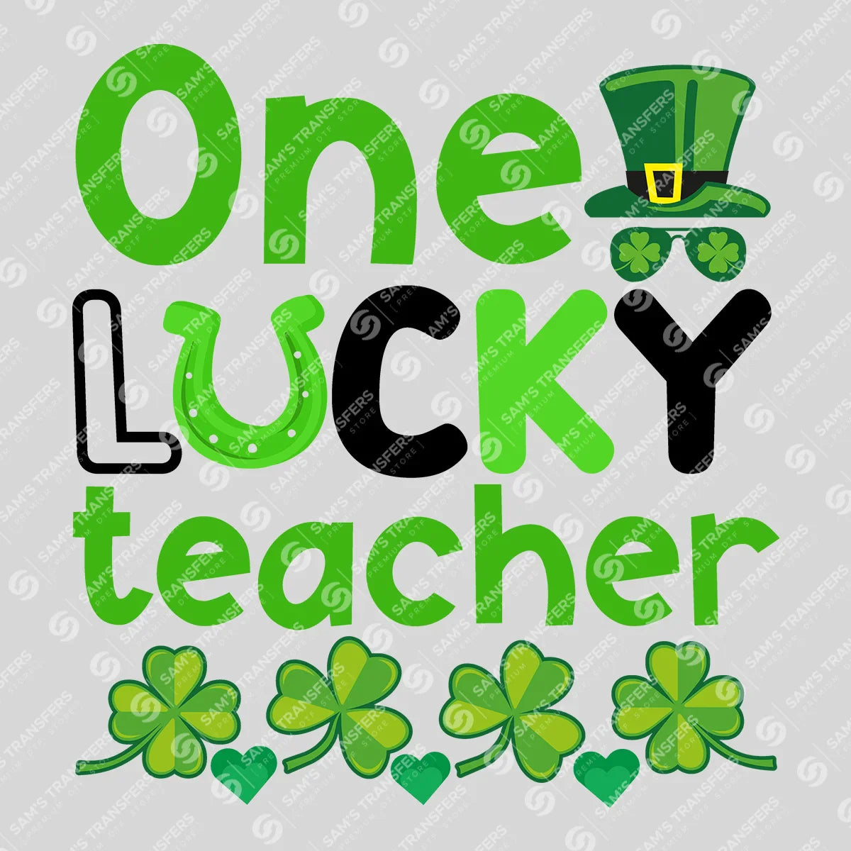 Apparel featuring a One Lucky Teacher Top Hat-themed DTF transfer.