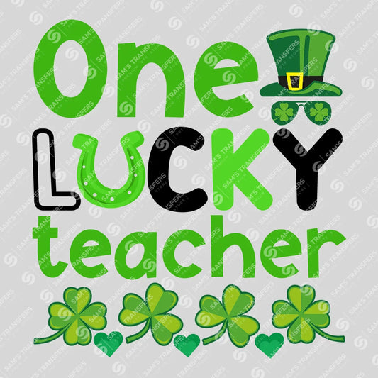 Apparel featuring a One Lucky Teacher Top Hat-themed DTF transfer.