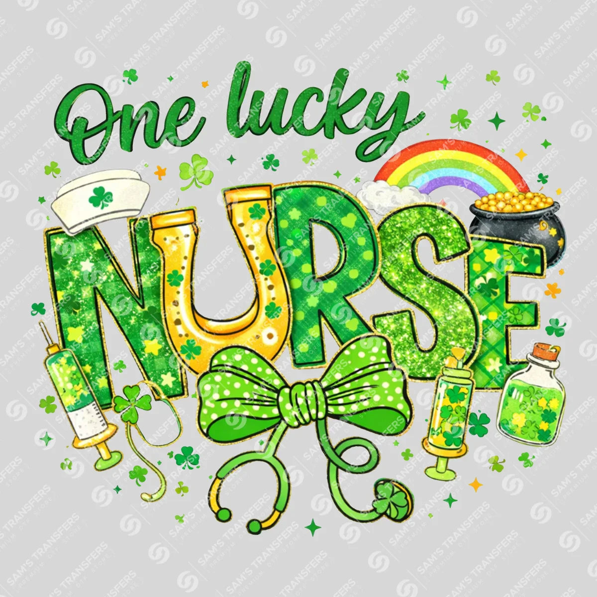 Apparel featuring a One Lucky Nurse Bow Glitter-themed DTF transfer.
