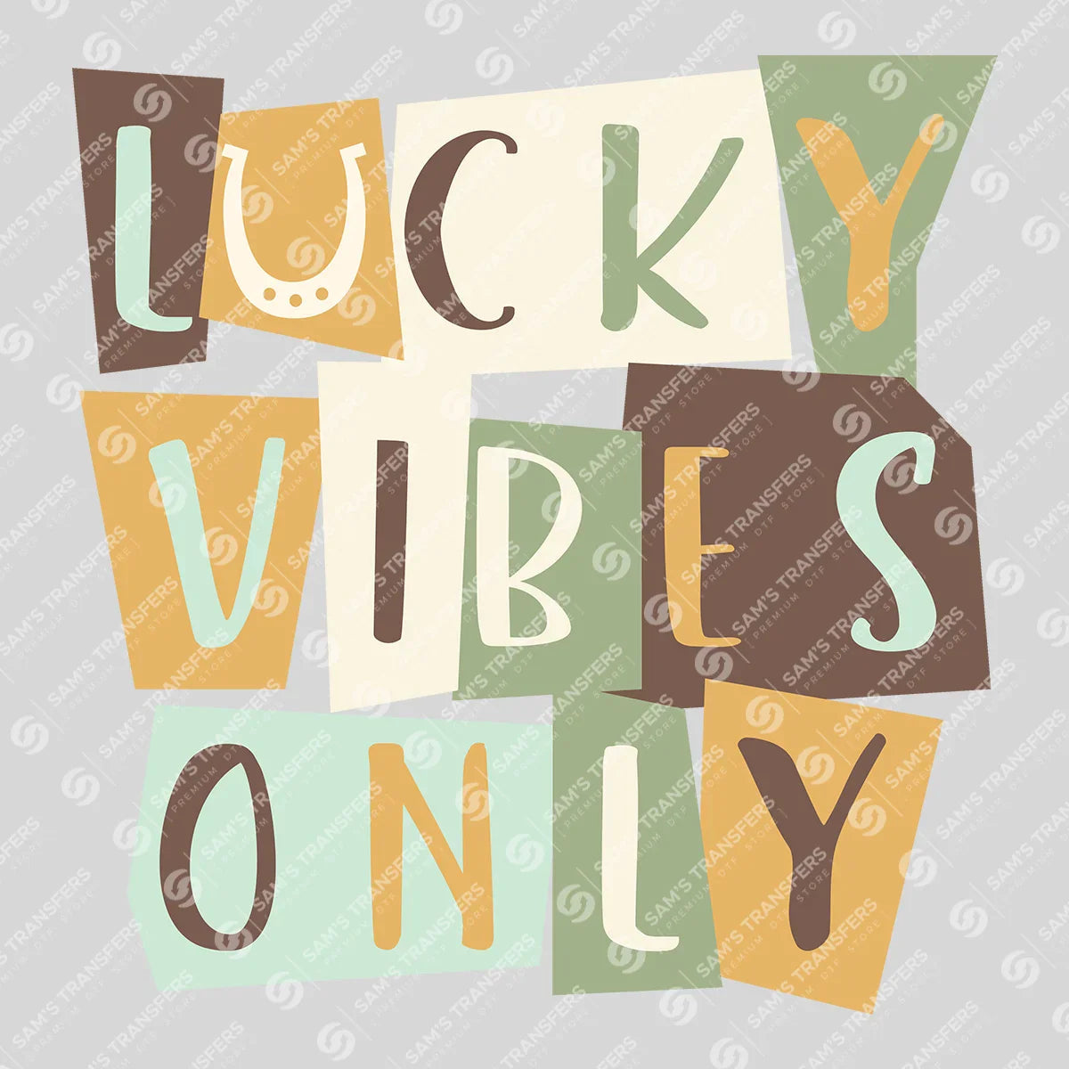 Apparel featuring a Lucky Vibes Only Boho-themed DTF transfer.